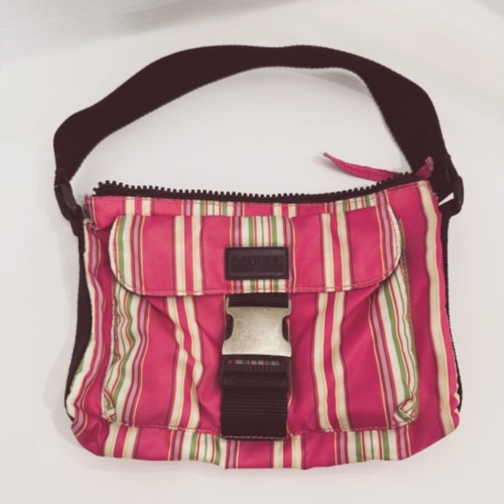 Y2K Ralph Lauren Mini Shoulder Bag | Pink Striped Nylon Buckle Purse